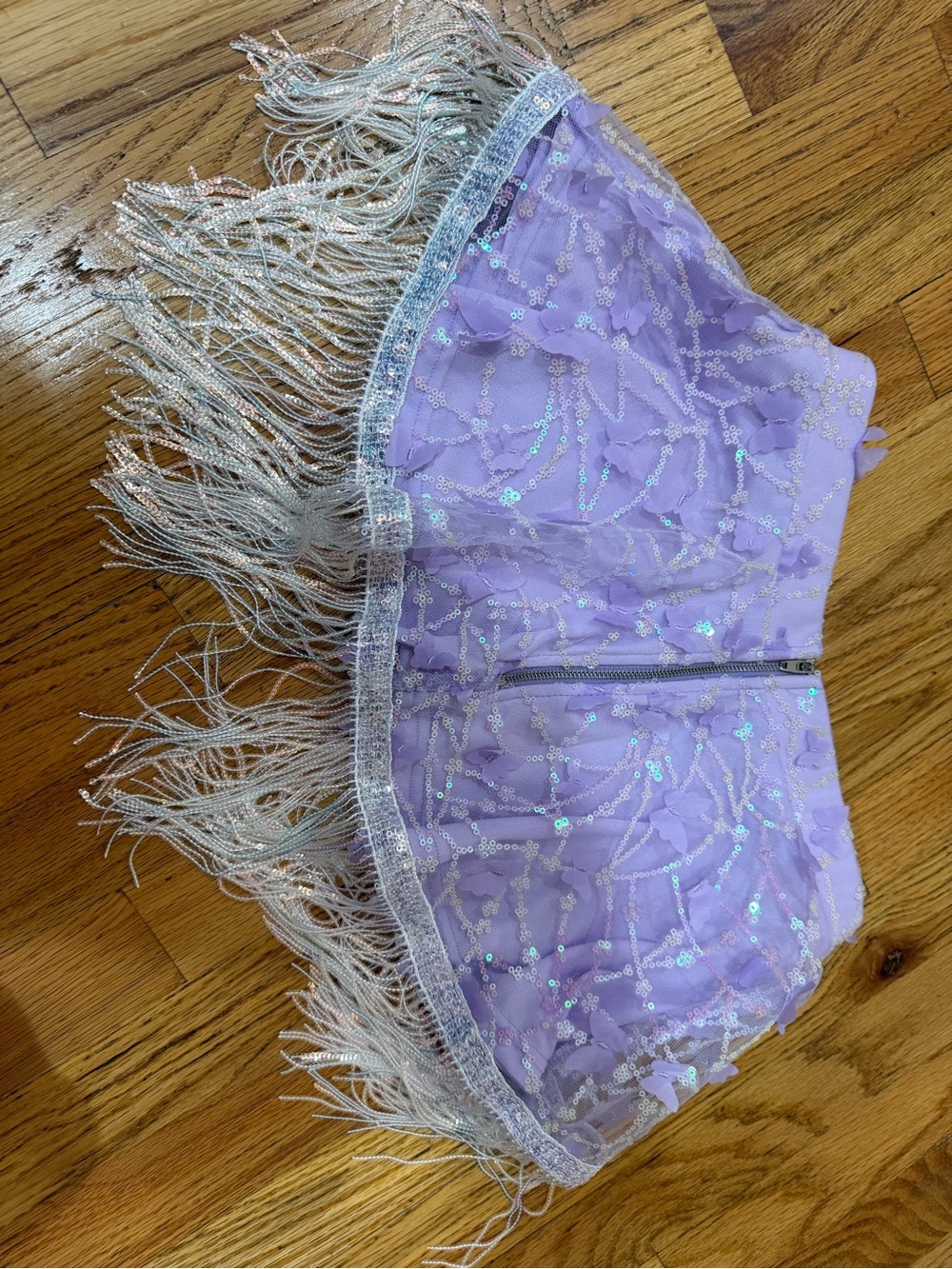 iHeartRaves Lavender highwaisted Fringe Mini Skirt with Iridescent Sequin Detail - Picture 2 of 6